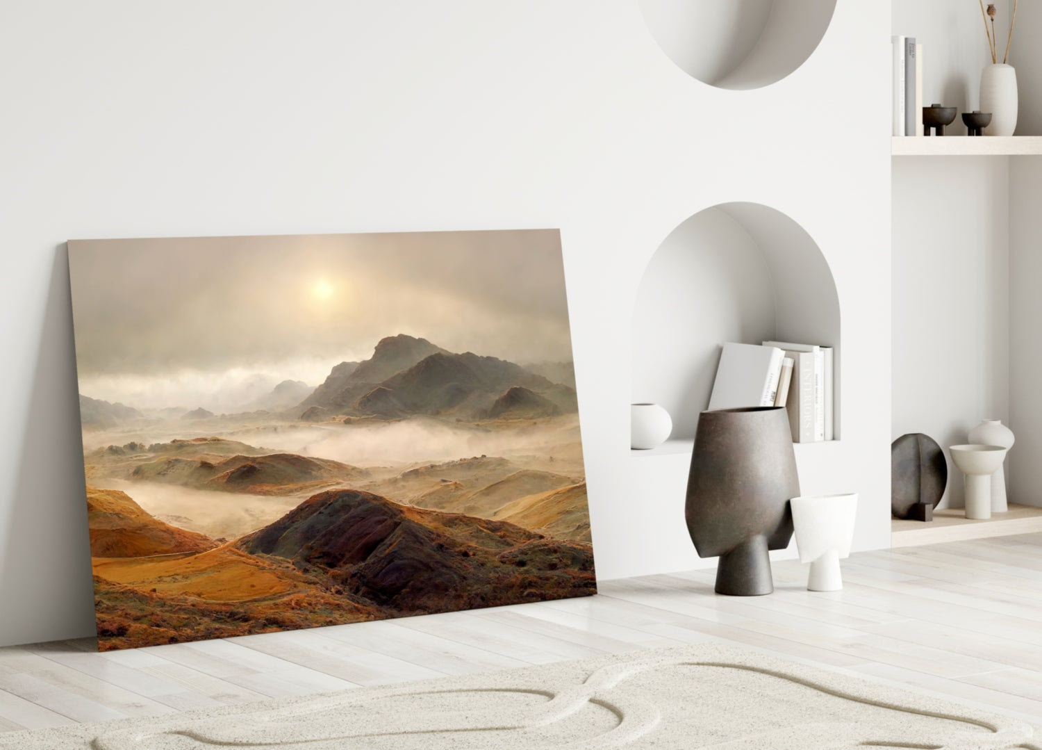 Pale Sun Foggy Ochre Hills Glass Wall Art