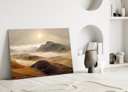 Pale Sun Foggy Ochre Hills Glass Wall Art