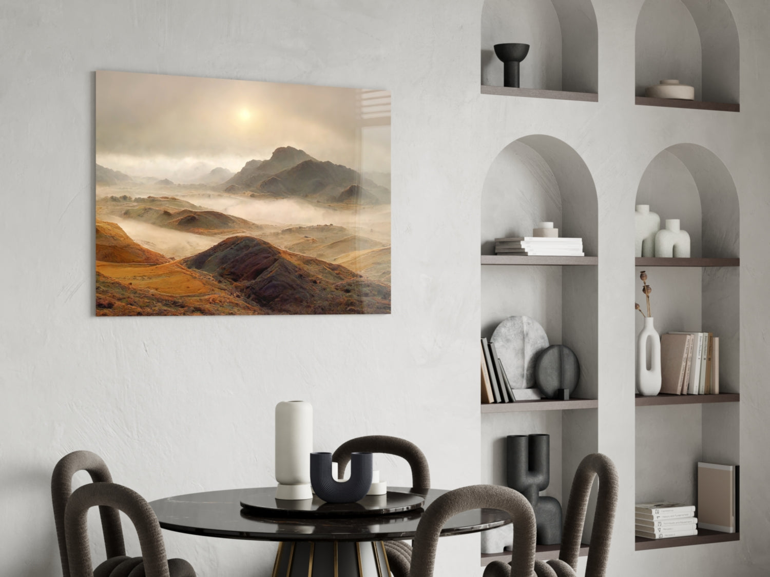 Pale Sun Foggy Ochre Hills Glass Wall Art