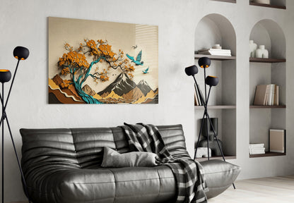 Orange Tree and Teal Birds Mountain Art Glass Wall Art