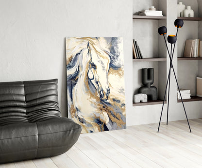 White Horse Navy Gold Marble Glass Wall Art
