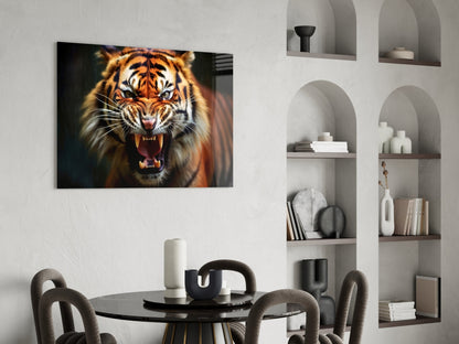Snarling Fanged Tiger Glass Wall Art