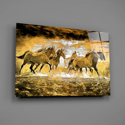 Running Horse Herd Golden Water Glass Wall Art
