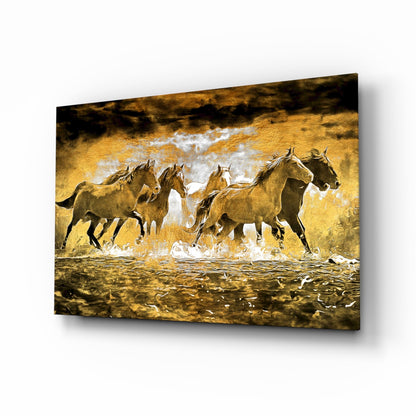 Running Horse Herd Golden Water Glass Wall Art