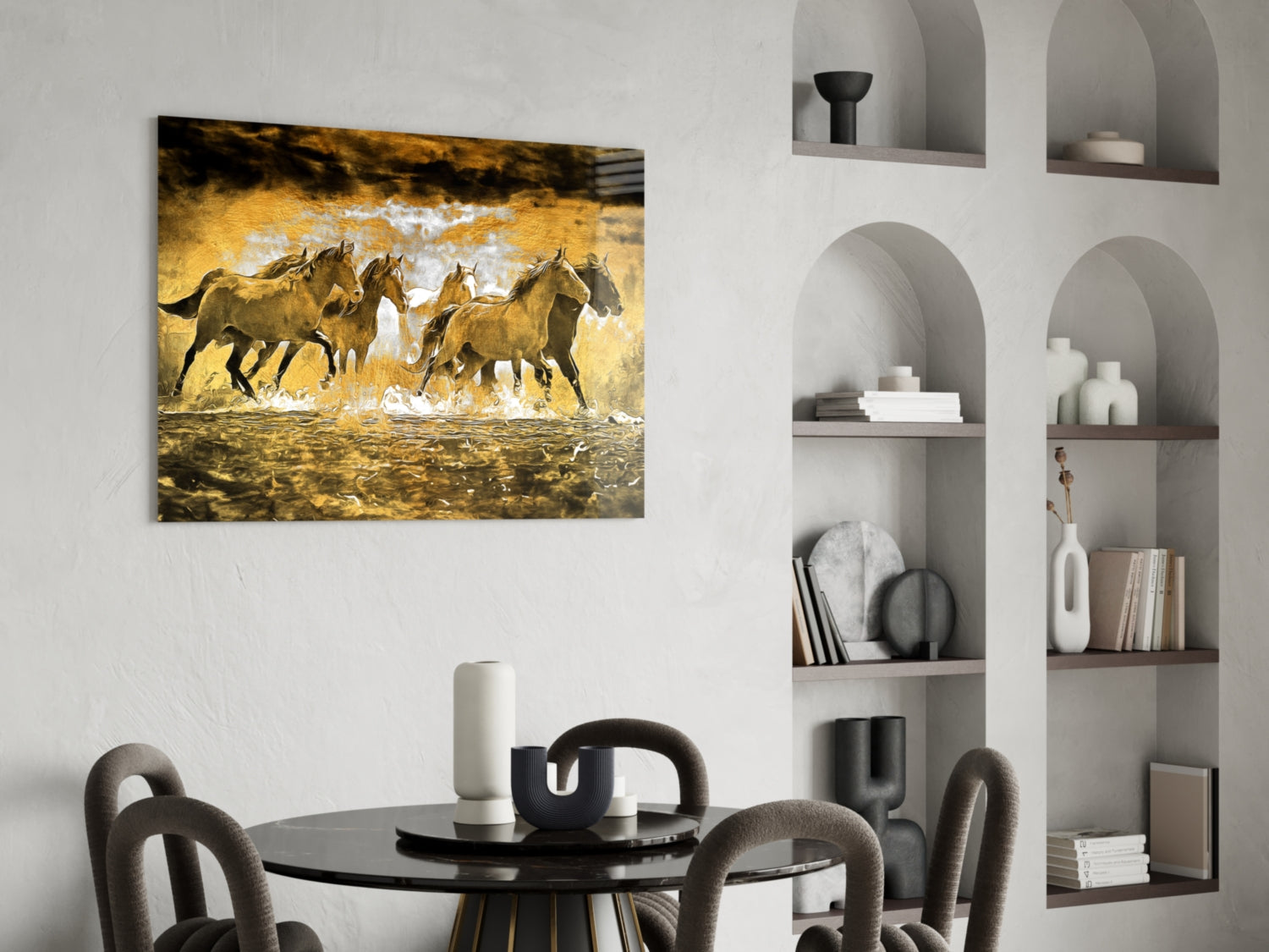 Running Horse Herd Golden Water Glass Wall Art