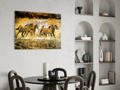 Running Horse Herd Golden Water Glass Wall Art