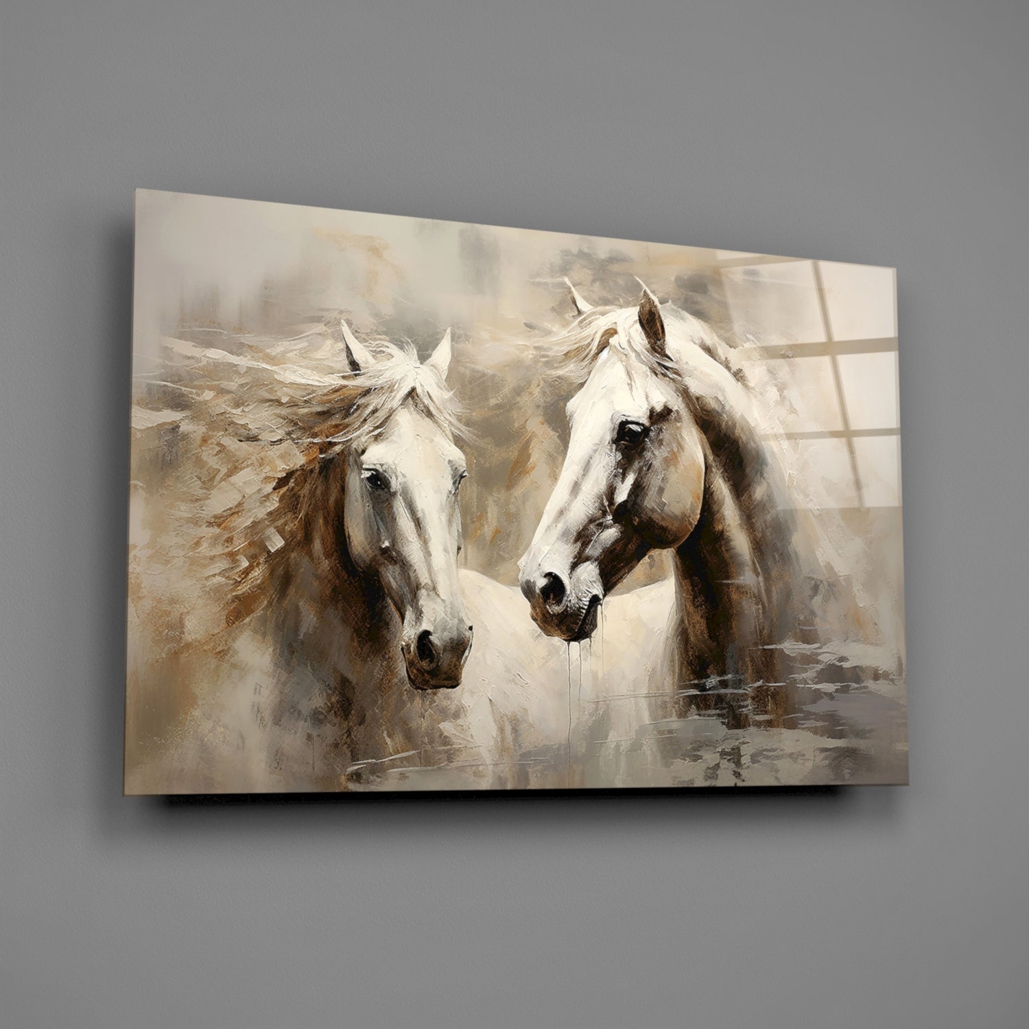 Two White Horses Beige Glass Wall Art