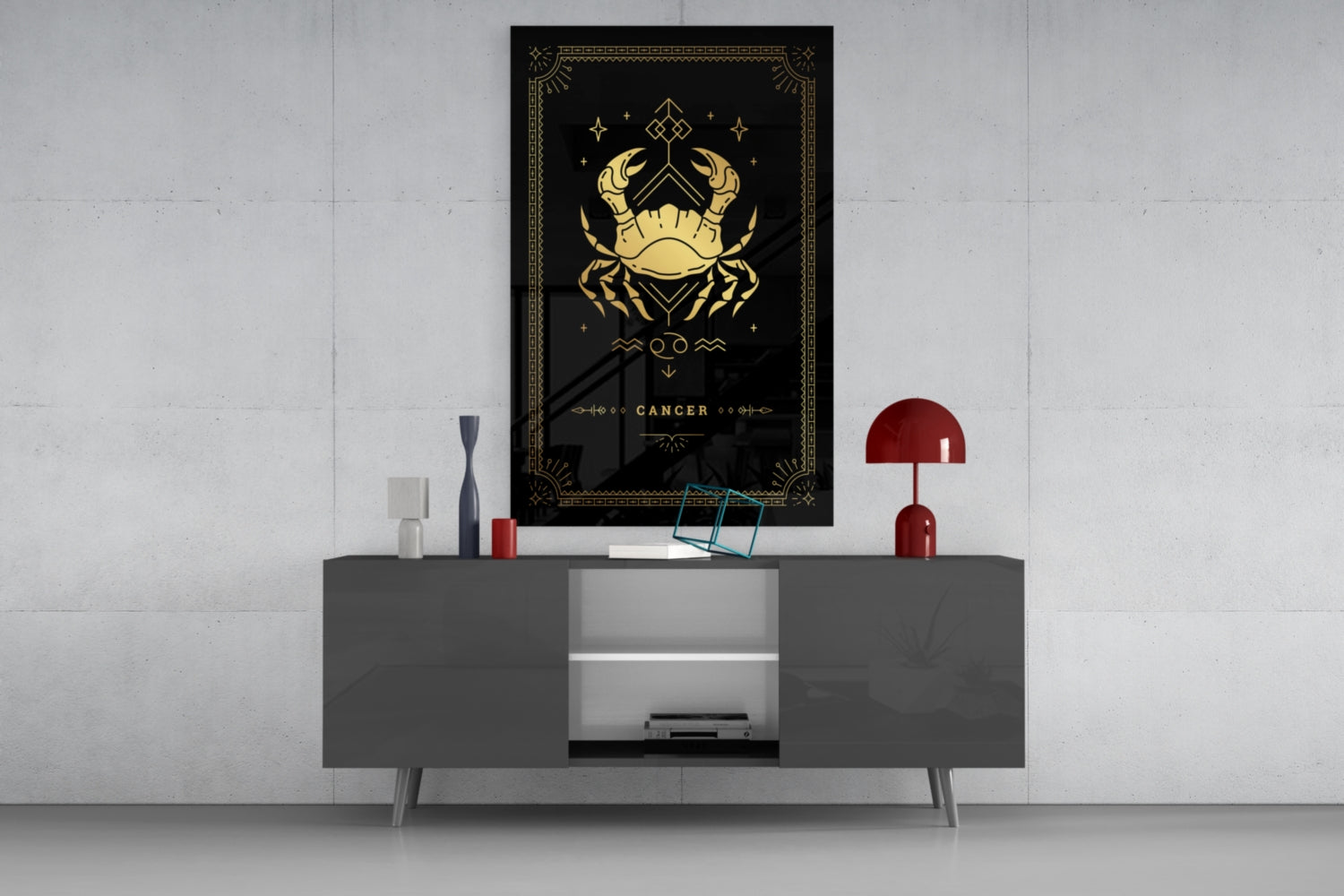 Gold Crab Zodiac Card on Black Glass Wall Art