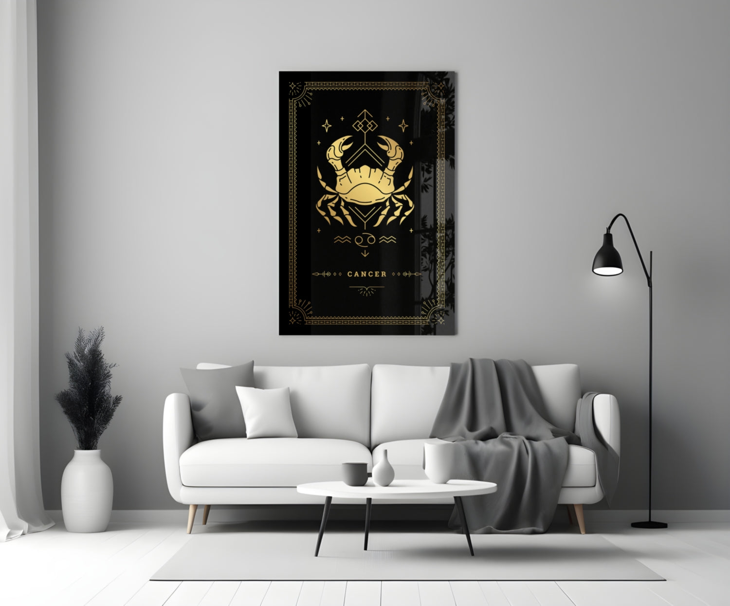 Gold Crab Zodiac Card on Black Glass Wall Art
