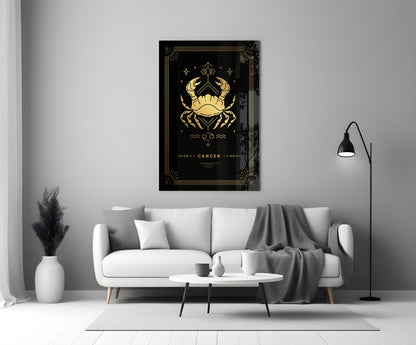 Gold Crab Zodiac Card on Black Glass Wall Art