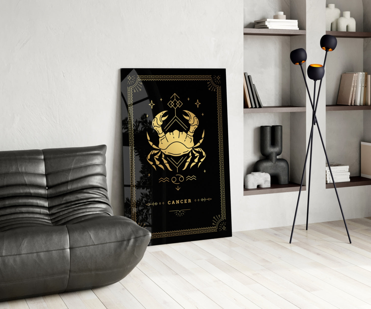 Gold Crab Zodiac Card on Black Glass Wall Art