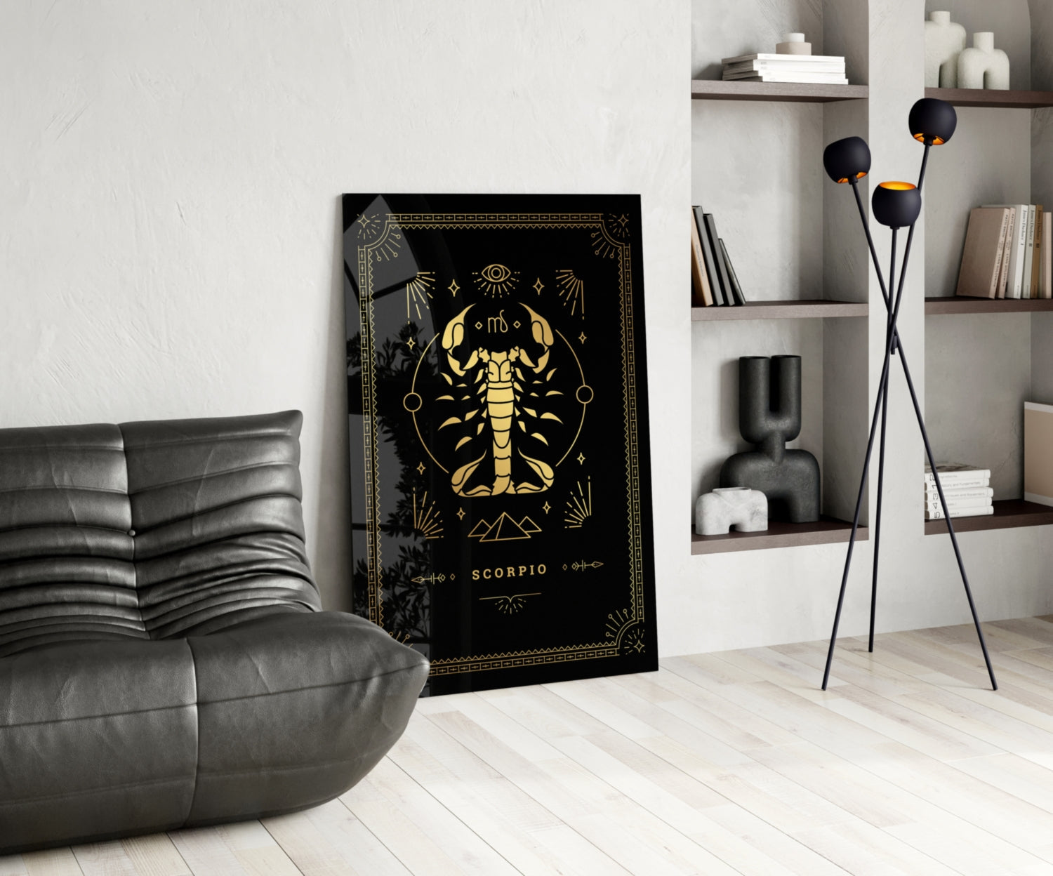 Gold Scorpion Zodiac Card on Black Glass Wall Art