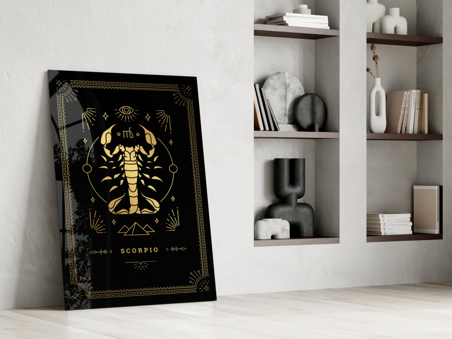 Gold Scorpion Zodiac Card on Black Glass Wall Art