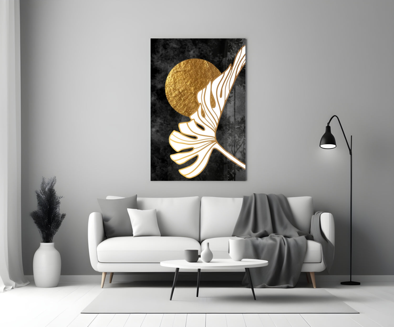 Gold Moon With Sweeping Palm Leaf Art Glass Wall Art